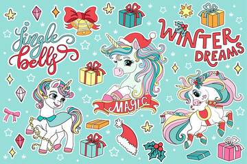 Christmas set with winter unicorn and elements stickers