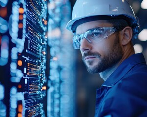 Engineer with safety gear examining digital data interface in a high-tech environment.