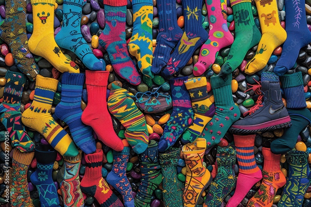 Poster a colorful pile of socks with various patterns and designs