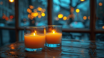 Evening City Lights Bokeh Behind Wooden Table with Candles in Glass