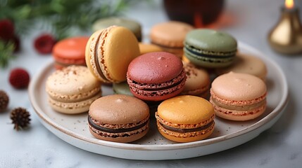 Obraz premium A plate of colorful macarons arranged beautifully for a festive dessert display.