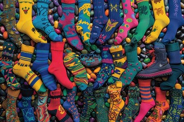 Fototapeta premium A colorful pile of socks with various patterns and designs