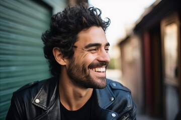 Portrait of a handsome young man laughing in the street. Urban lifestyle.