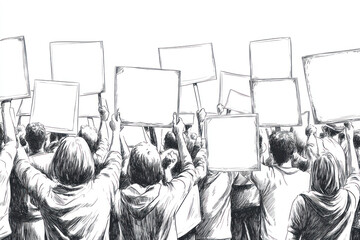 Crowd of people holding protest signs at city square, demanding change and chanting slogans for equality and justice.