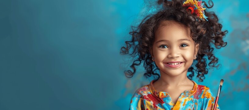 joyful girl with paintbrushes on blue background - Powered by Adobe