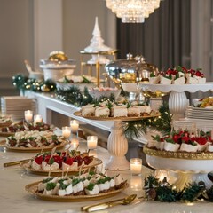 Upscale Christmas holiday party buffet table set with elegant white plates, fancy appetizers, desserts, and festive winter decor.