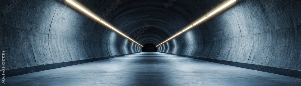 Poster a modern concrete tunnel illuminated by sleek lights, creating a mysterious and futuristic atmospher