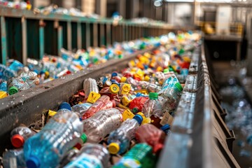 A conveyor belt full of plastic bottles, some of which are yellow