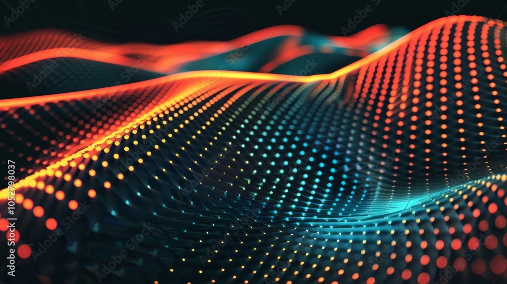 Poster an abstract digital landscape with undulating waves of vibrant dots, creating a sense of futuristic 