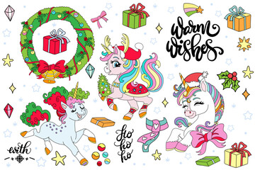 Obraz premium Collection with winter unicorn and Christmas elements stickers