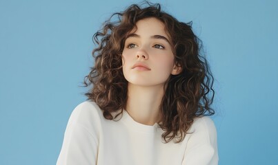 Contemplative Young Woman with Curly Hair Pondering Against blue Background, Generative AI