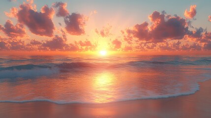 Obraz premium Serene sunset over ocean waves with colorful clouds.