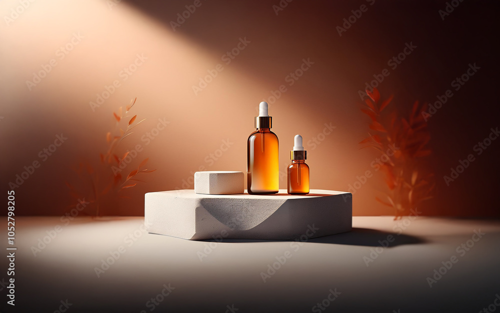 Poster two amber glass bottles with droppers sit on a white pedestal with a beam of light shining on them. 