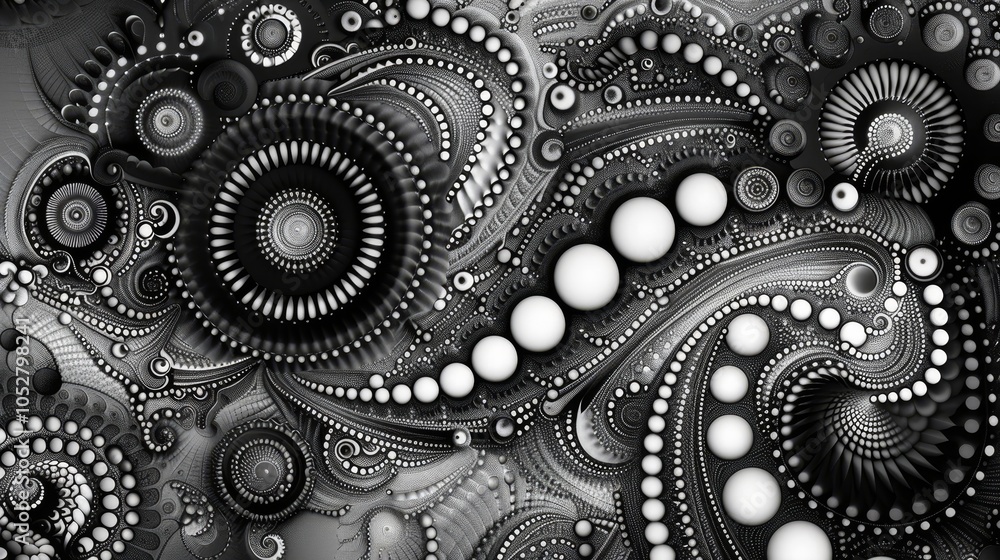 Poster a black and white abstract design featuring intricate spirals and circles, creating a mesmerizing vi