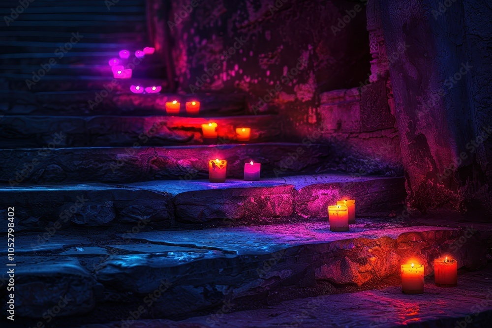 Poster a staircase with a row of candles lit up in different colors