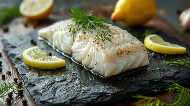A seasoned cod fillet with dill and lemon wedges sits on a black slate plate, ready to be enjoyed