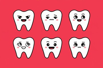 Fototapeta premium Cute cartoon tooth characters set with various facial expressions, ideal for dental health brand or children’s dental care campaign. Red background