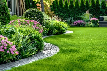 Fototapeta premium A lush green lawn with a stone path and a row of pink flowers