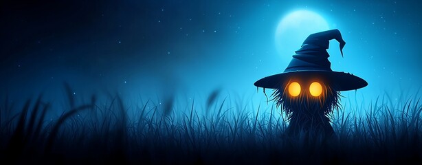 Scarecrow with glowing eyes in a moonlit night landscape.