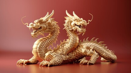 Golden Dragon on Red Background, 3D Render, High Resolution Photography