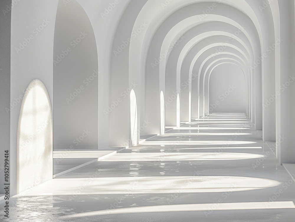 Poster a serene, minimalist corridor with arches and soft light creating a tranquil atmosphere.