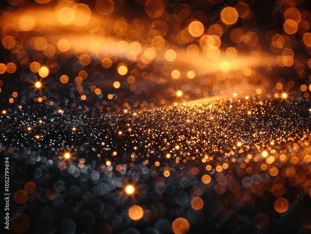 Poster a shimmering abstract background with sparkling orange and gold bokeh effects.