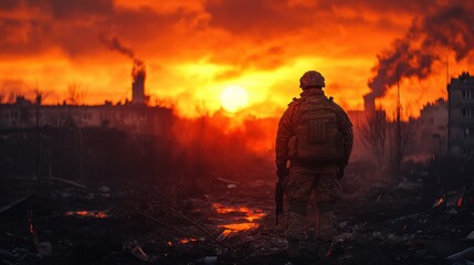 Fototapeta premium Soldier standing amidst a war-torn landscape at sunset.