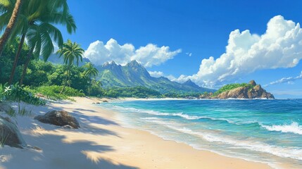 A serene tropical beach scene with white sand, turquoise water, palm trees, and lush green hills in the background.