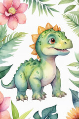 Obraz premium Cute Baby Dinosaur T-Rex Cartoon Character with Tropical Leaves Watercolor Illustration for Children's Design and Nursery Decoration