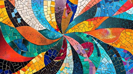 A stunning mosaic featuring bright colorful tiles arranged in an abstract swirl pattern, representing creativity and artistic expression in a kaleidoscope view.
