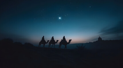 Fototapeta premium Three Wise Men riding across a vast desert on camels