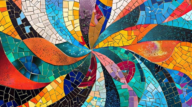 A stunning mosaic featuring bright colorful tiles arranged in an abstract swirl pattern, representing creativity and artistic expression in a kaleidoscope view.