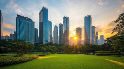 Obraz premium A vibrant green park with a lush lawn sits in front of a modern cityscape as the sun sets over the horizon.