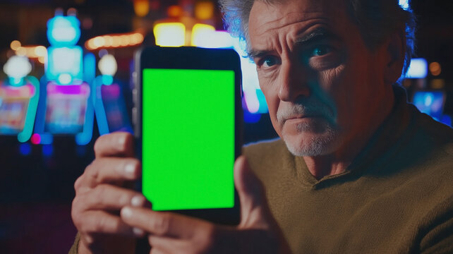 Older man at casino showing the viewer an app on his smartphone. Smart phone screen is a chroma key green screen.