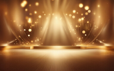 A golden stage bathed in warm spotlights with a soft, glittering backdrop.