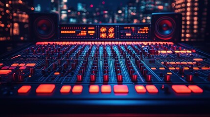 Obraz premium A vibrant audio mixer with glowing controls in a city backdrop.