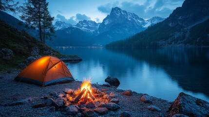 A bright campfire crackles at a lakeside campsite as the sun sets behind towering mountains. A cozy tent glows warmly in the fading light, creating a peaceful atmosphere.