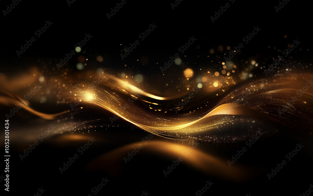 Poster a flowing wave of golden light dances across a black background, with sparkling particles illuminati