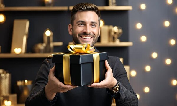 Happy man holding a black gift box with a golden ribbon in front of a blurred background with lights.