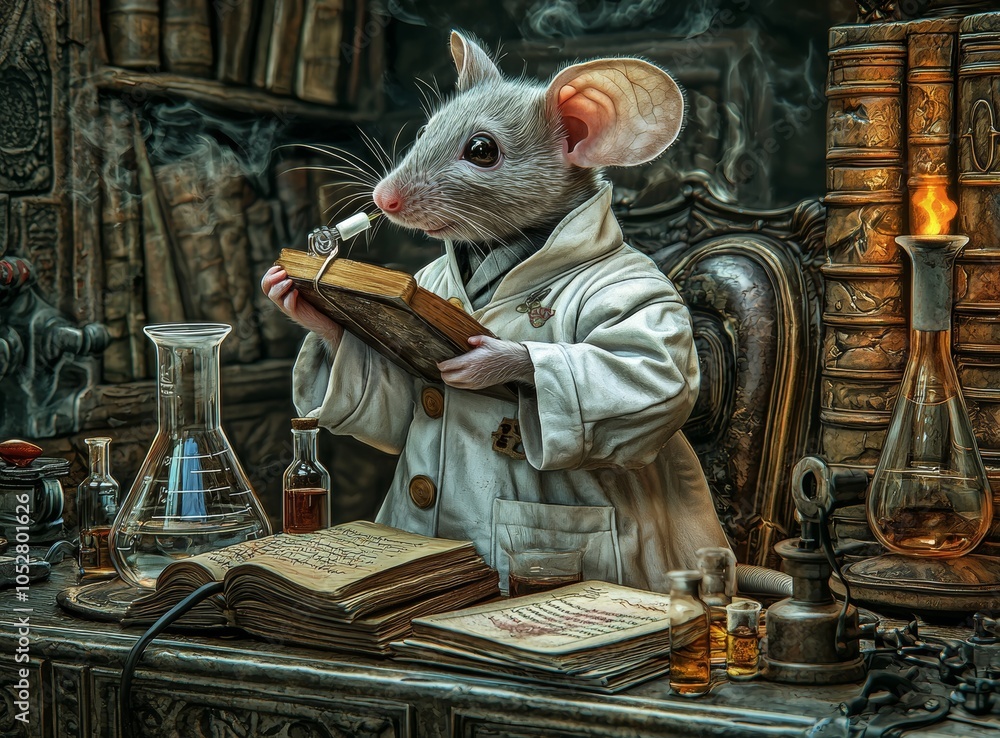 Poster an artificially intelligent mouse holds a flask in a laboratory setting.