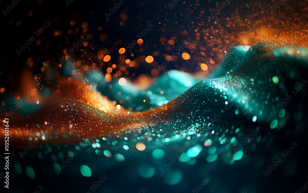 Aufkleber abstract 3d render of a glowing, undulating surface with teal and orange highlights.