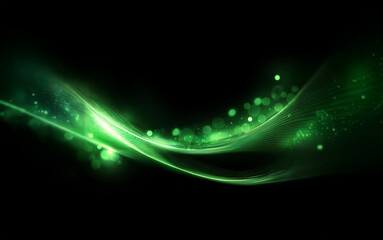 A green wave of light curves across a black background. The wave is made up of glowing particles and has a subtle shine.