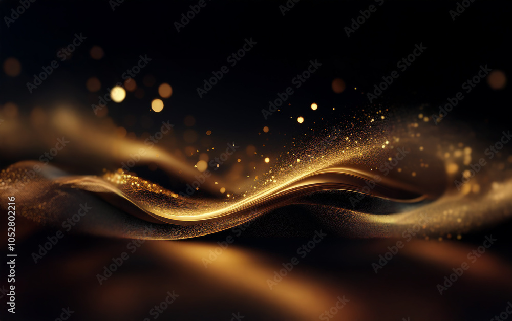 Aufkleber a golden wave of light and particles flows on a dark background.