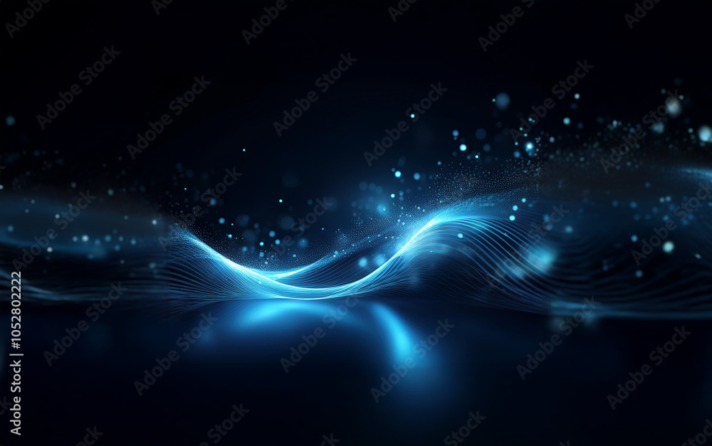 Aufkleber a blue light wave flows across a dark background with glowing particles.