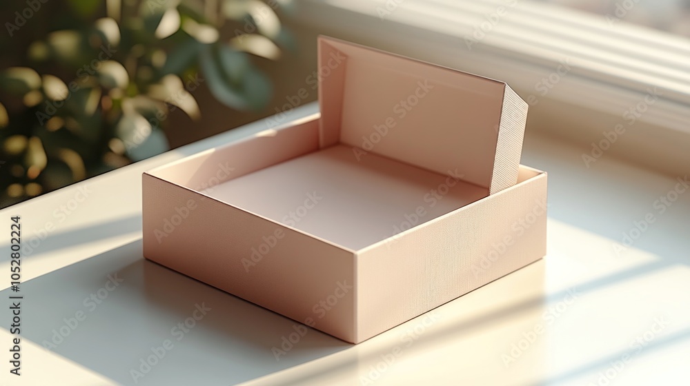 Poster a simple, empty pink box with an open lid on a table.