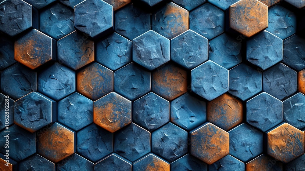 Poster a textured pattern of hexagonal tiles in blue and orange hues.