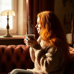Woman enjoying a quiet moment with a cup of tea in the living room