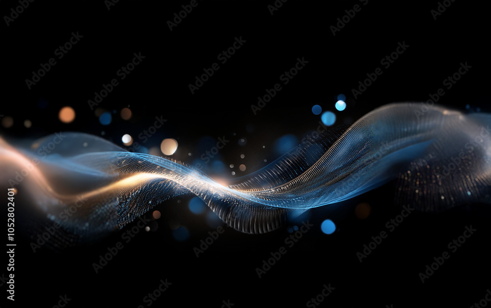 Poster a flowing, abstract wave of blue and gold light with a blurred bokeh effect against a black backgrou