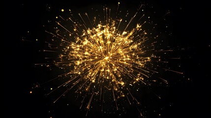 A radiant burst of golden sparks illuminates the dark background, resembling a firework explosion frozen in time.