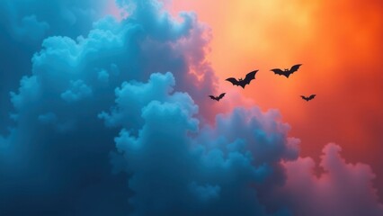 Fototapeta premium Thick dark gray-blue smoke floats against a bright orange sky,